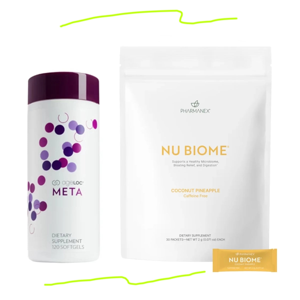 ageLOC Meta and Nu Biome supplement bundle Coconut Pineapple flavor without caffeine