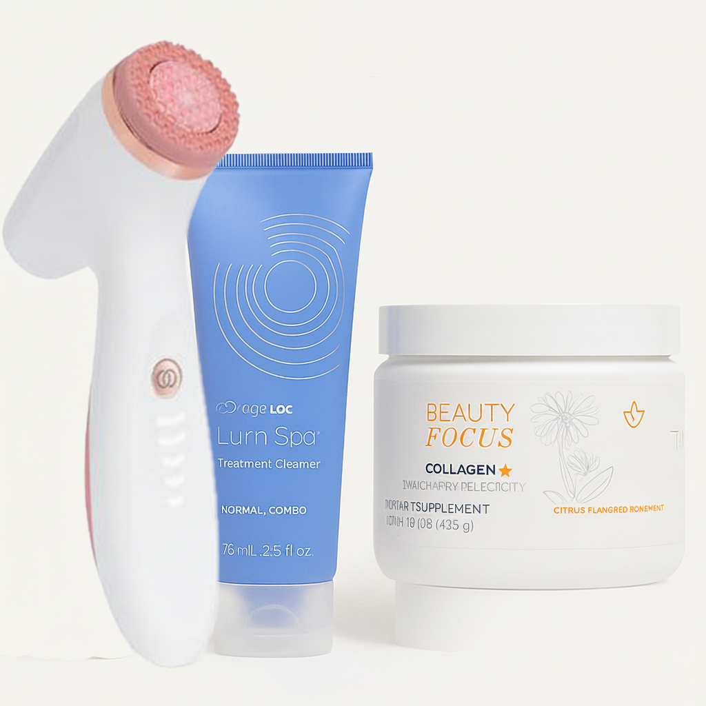 Collection of skincare products including a device, tube, supplement, and lip mask on a white background.