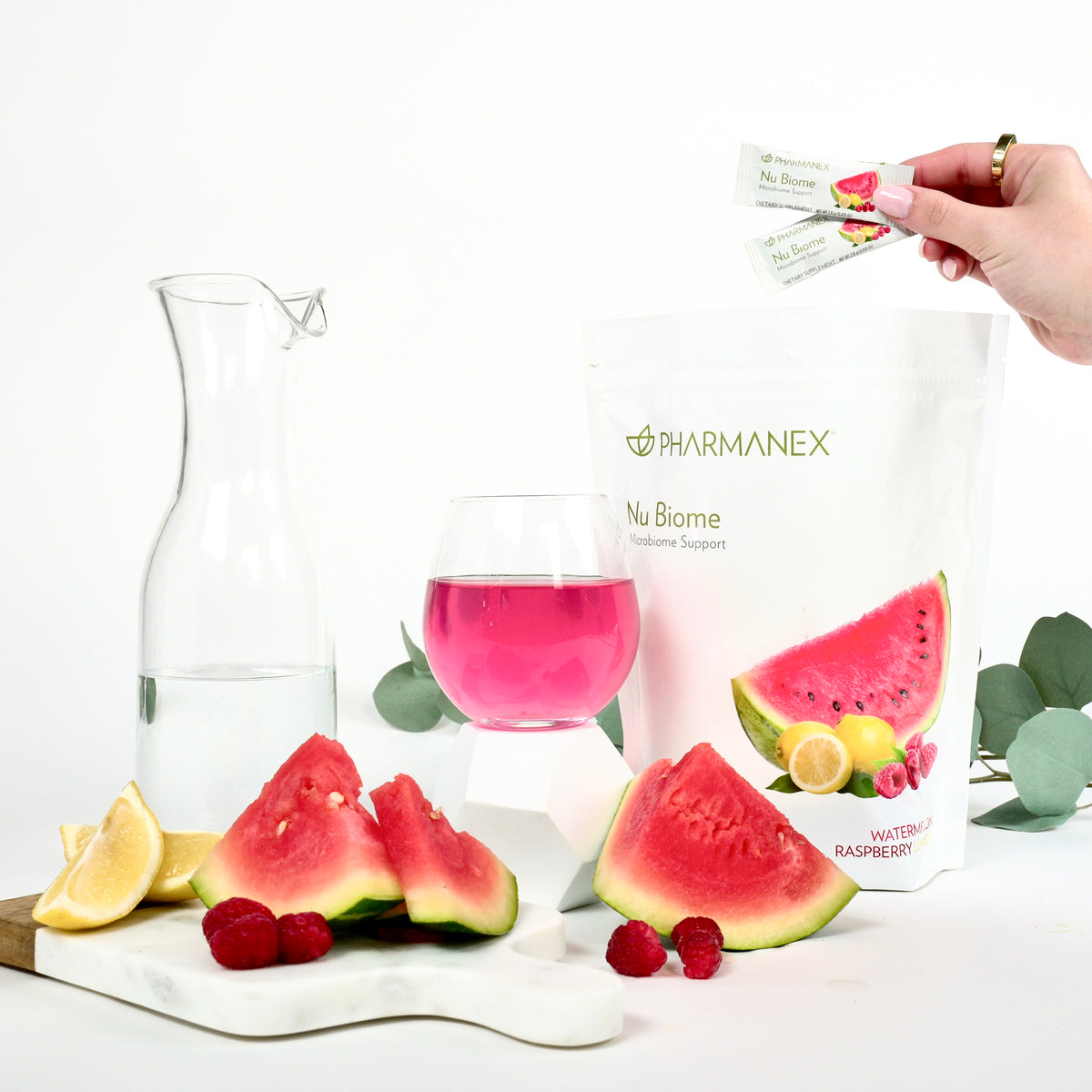 Nu Biome prebiotic and postbiotic watermelon raspberry lemon flavor