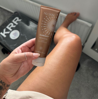 Apply Nu Skin Insta Glow for a natural tan on face and body