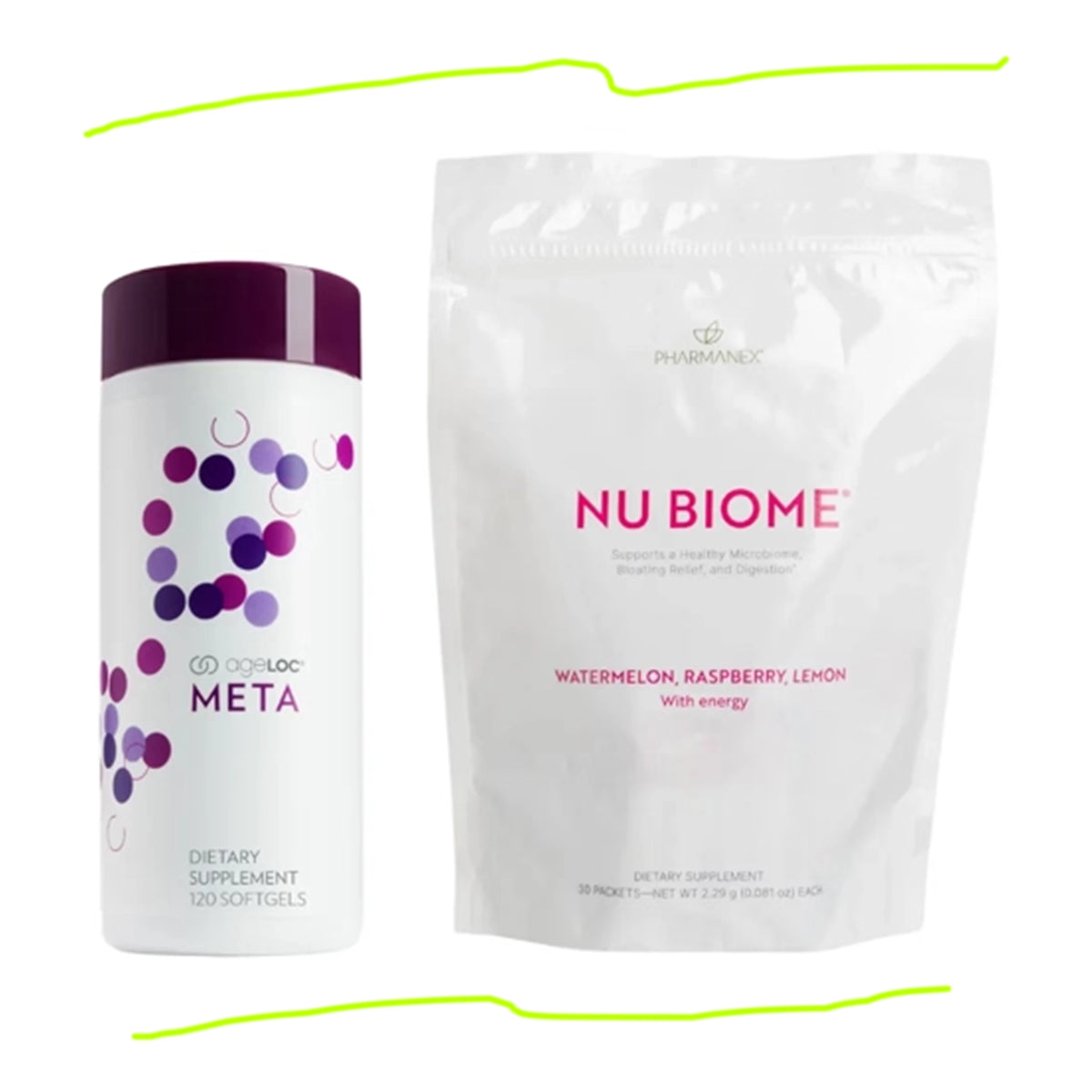 ageLOC Meta and Nu Biome supplement bundle regular flavor with caffeine