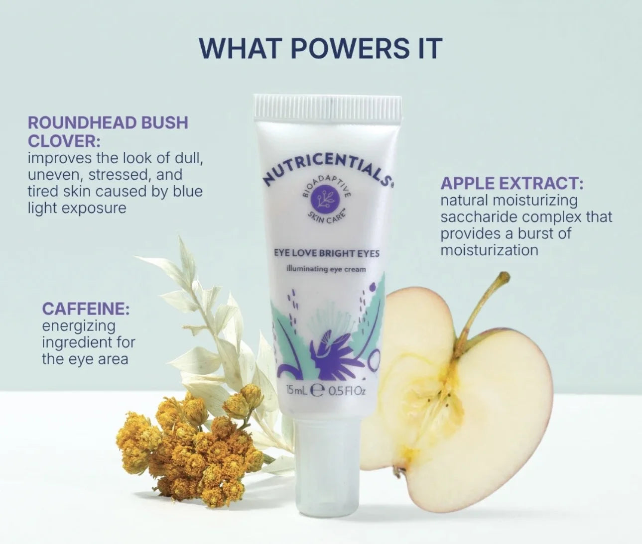 Eye Love Bright Eyes eye cream next to apple slice and botanical ingredients